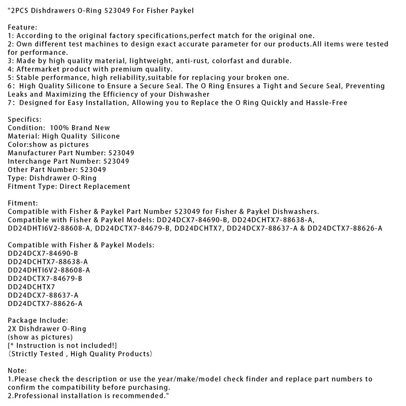 2 Stück Geschirrspüler-O-Ring 523049 für Fisher Paykel