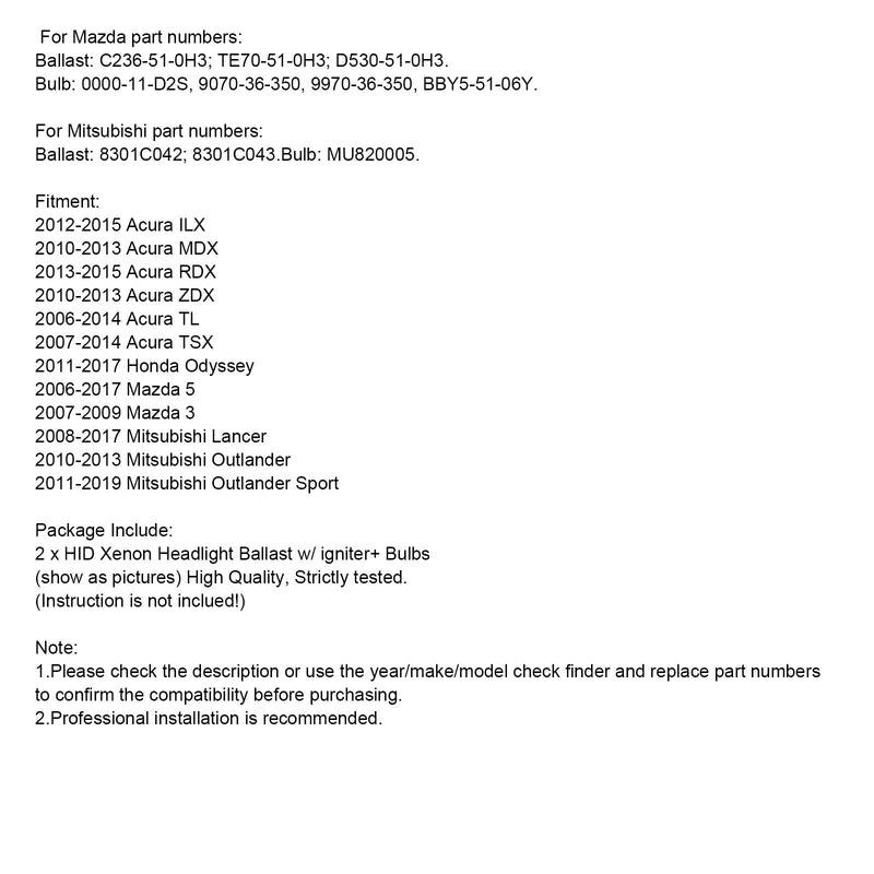 2006-2014 Acura TL XENON HID ajovalojen painolasti & sytytin & D2 33119TA0003 polttimo 2kpl