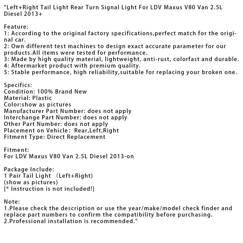 2013+ LDV Maxus V80 pakettiauto 2,5L diesel vasen+oikea takavalon merkkivalo