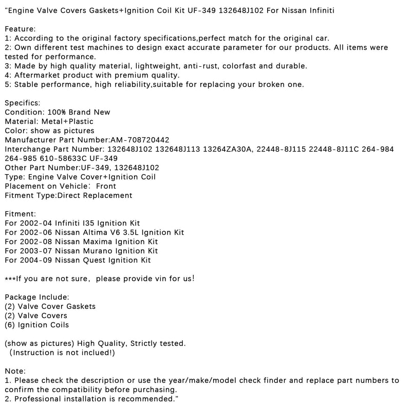 2002-2008 Nissan Maxima Tenningssett Tenningssett Motorventildekselpakninger + tennspole ON-349 132648J102