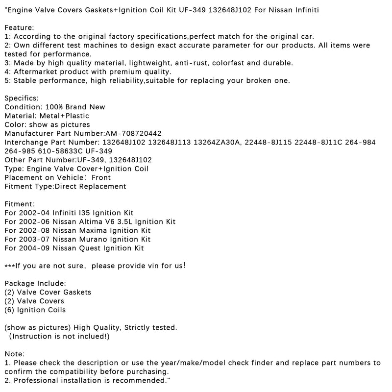 2002-2004 Infiniti I35 tändsats Motorventilkåpspackningar + tändspole ON-349 132648J102