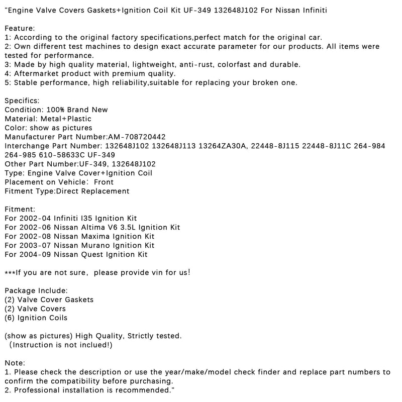 2004-2009 Nissan Quest Zündungssatz Zündungssatz Motorventildeckel Dichtungen + Zündspule UF-349 132648J102