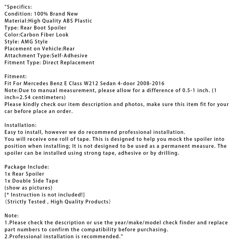 2008-2016 Mercedes-Benz E-Class W212 Carbon Fiber Look Rear Boot Spoiler