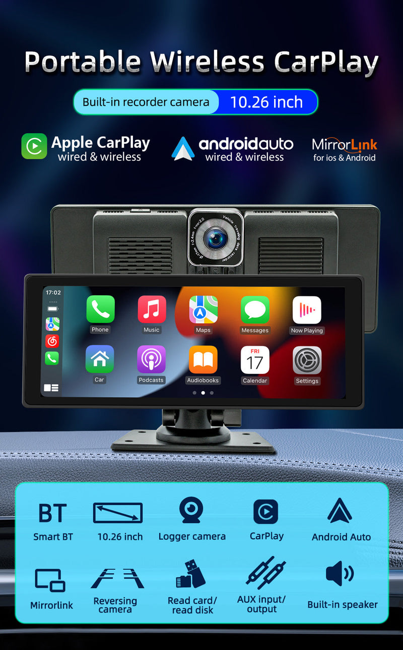 10,26" langaton Carplay Bluetooth-radio FM-auto MP5-soitin AHD-tallenninkamera