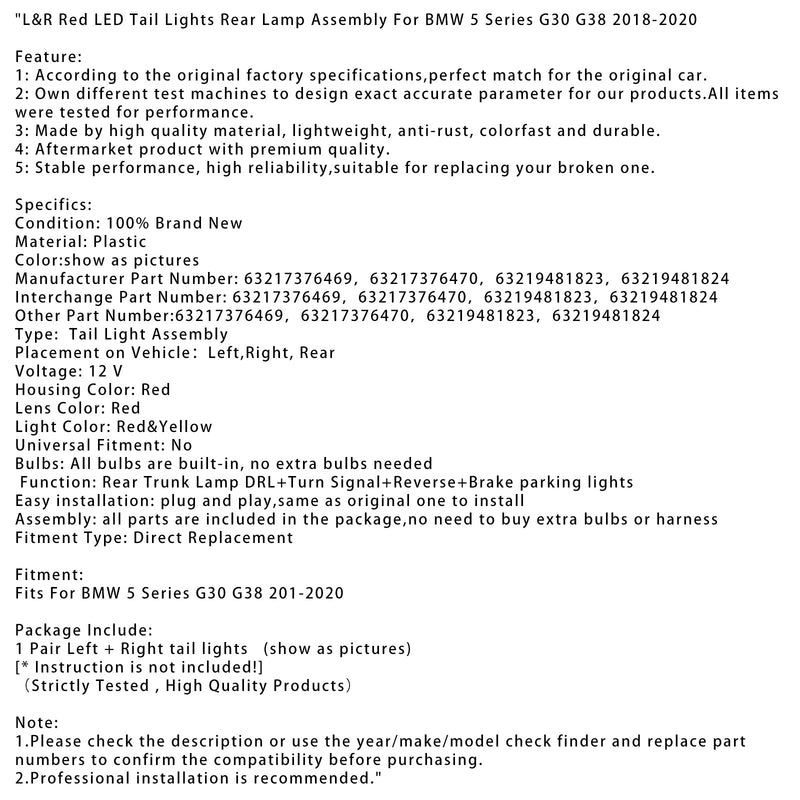 2018–2020 BMW 5 Series G30 G38 L &amp; R rote LED Rückleuchten Rückleuchtenbaugruppe