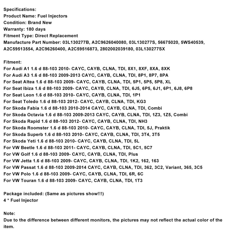 2010-on Skoda Roomster 1.6 d 88-103 CAYC, CAYB, CLNA, TDI, 5J, Praktik Fuel Injector 03L130277B 03L130277S