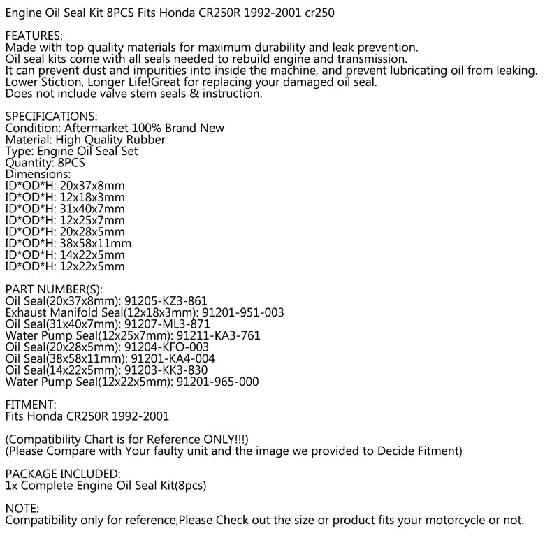 8-częściowy zestaw uszczelniaczy wału do Hondy CR250R CR250 CR 250 250R 1992-2001