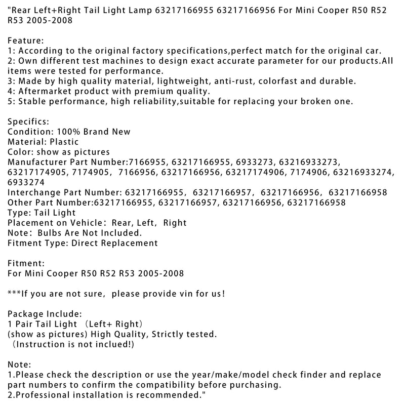 2005-2008 Mini Cooper R50 R52 R53 takavalo vasen ja oikea 63217166955 56