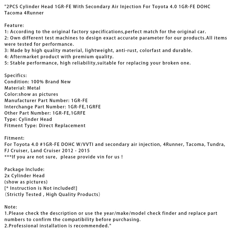 2 STÜCKE Zylinderkopf 1GR-FE Mit Sekundärlufteinspritzung Für Toyota 4.0 1GR-FE