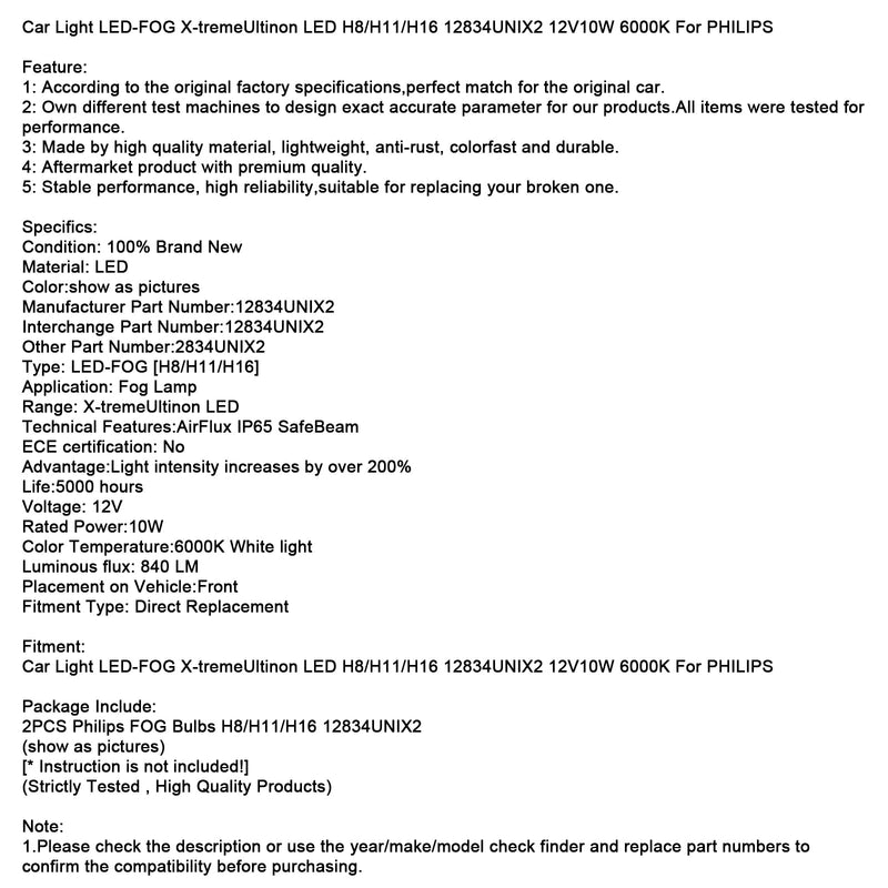 Auto Licht LED-NEBEL X-tremeUltinon LED H8/H11/H16 12834UNIX2 12V10W Für PHILIPS