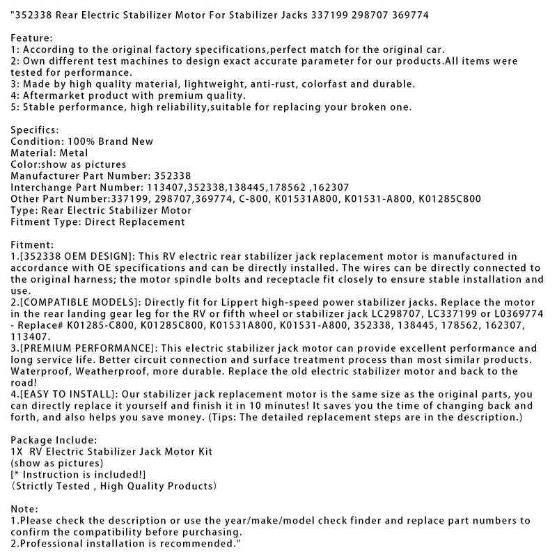 352338 hinterer elektrischer Stabilisatormotor für Stabilisatorheber 337199 298707 369774