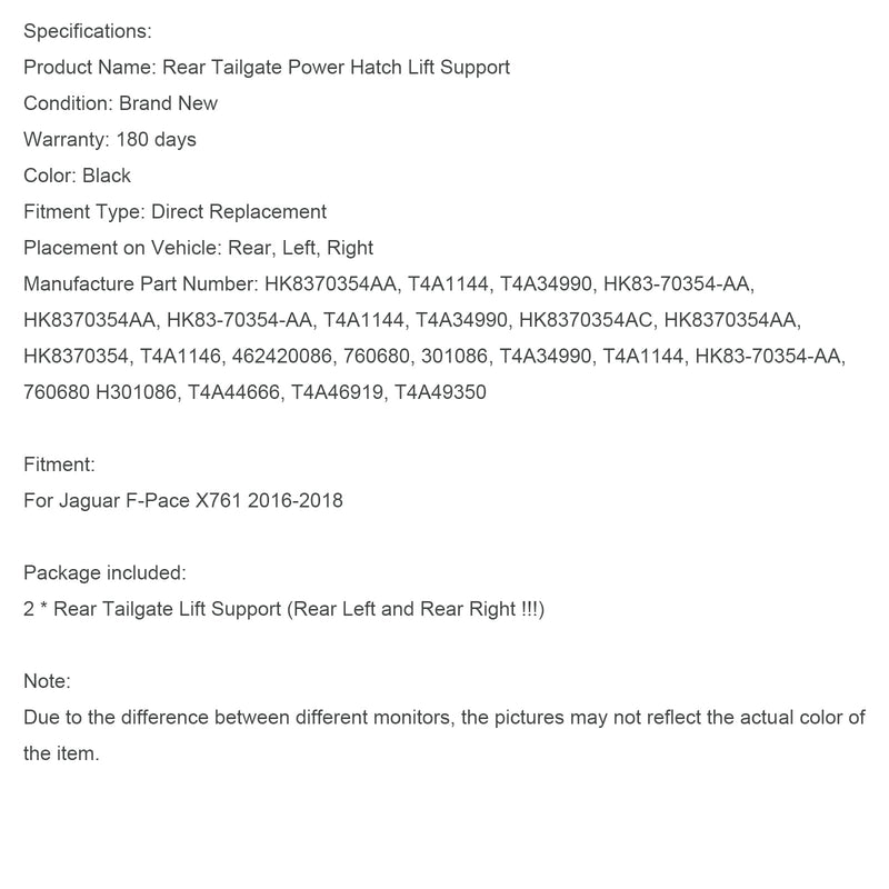 2016-2018 Jaguar F-Pace X761 2 puntales traseros eléctricos para portón trasero HK8370354AA