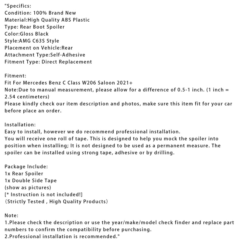 2021+ Mercedes-Benz C-Class W206 AMG C63 S Style Gloss Black Rear Spoiler