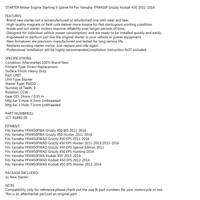 Startér pro Yamaha WR 450 WR450 F FW FY FZ FE 2007-2015 5TJ-81890-30