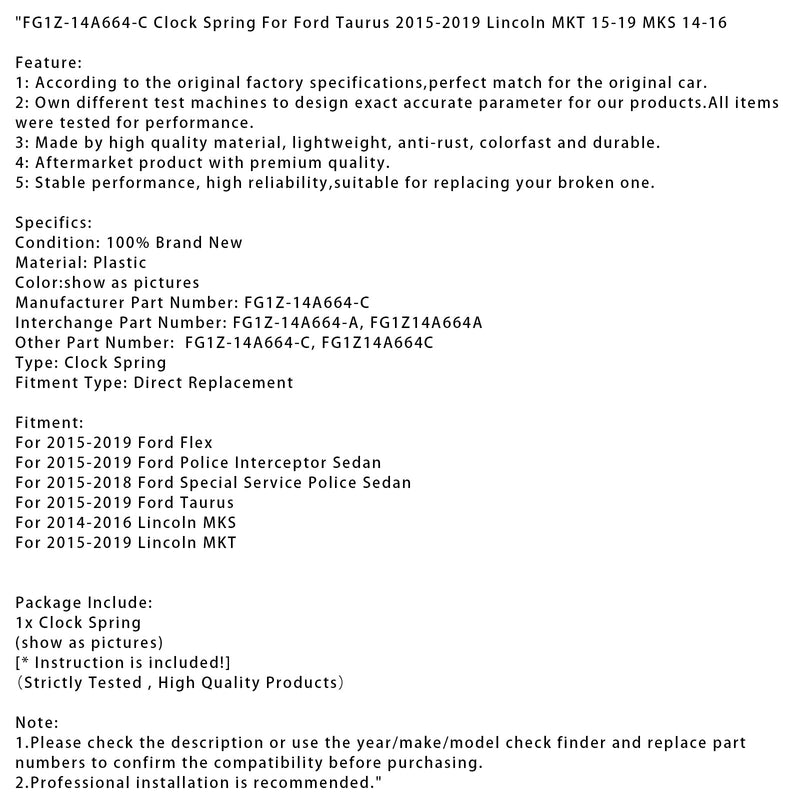 FG1Z-14A664-C Clock Spring For Ford Taurus 2015-2019 Lincoln MKT 15-19 MKS 2014-2016