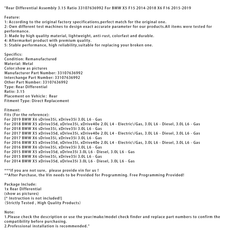 2017 BMW X5 xDrive35d, xDrive35i, xDrive40e 2,0 l L4 – Elektro 3,0 l L6 – Diesel, 3,0 l L6 Hinterachsdifferential, Verhältnis 3,15, 33107636992