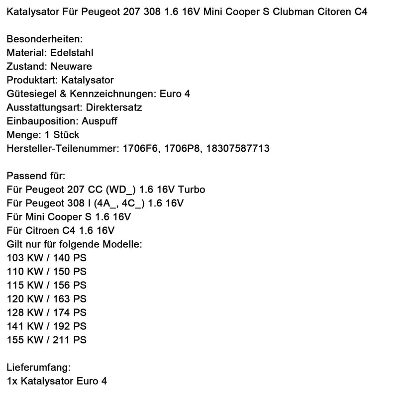 Mini Cooper S 1.6 16V Catalytic Converter 1706F6 18307587713