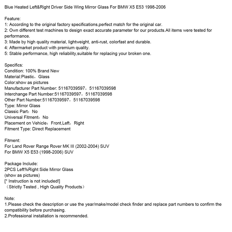 Blau Beheizte Links &amp; Rechts Fahrer Seite Flügel Spiegel Glas Für BMW X5 E53 1998-2006