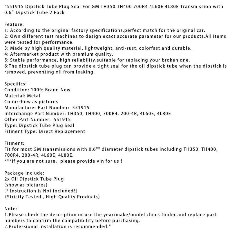 551915 Ölmessstab-Rohrverschlussdichtung für GM TH350 TH400 700R4 4L60E 4L80E0 0,6 Zoll, 2 Stück