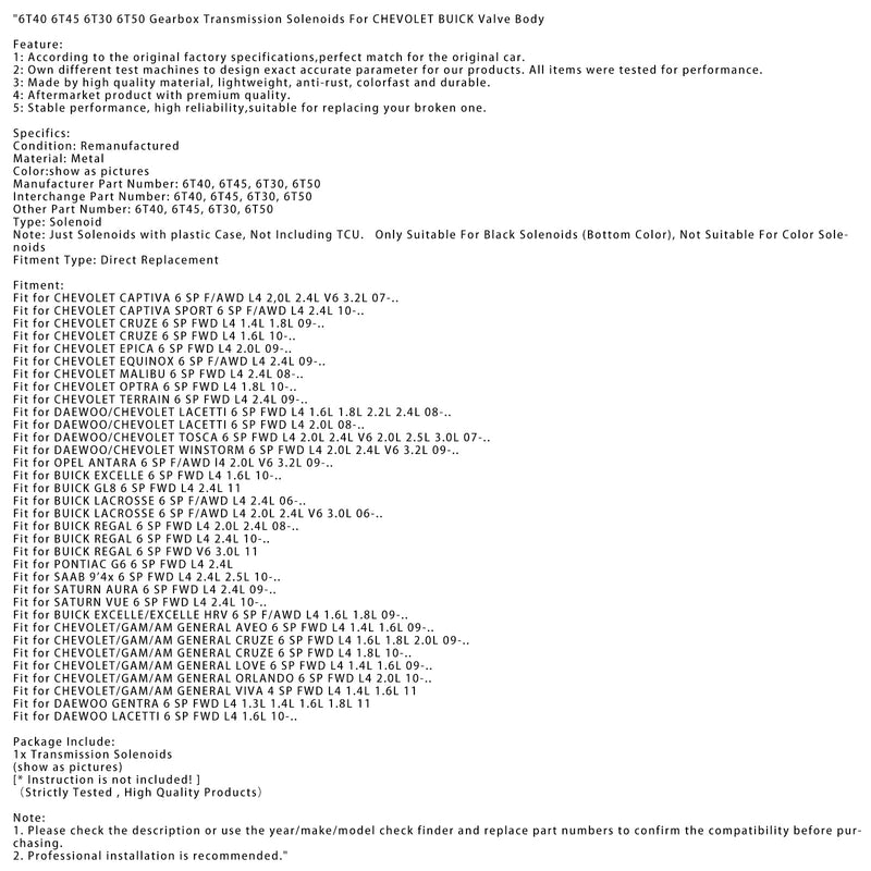 2008-TODAY Daewoo/Chevolet Lacetti 6 SP FWD L4 2,0 ​​L 6T40 6T30 6T50 Vaihdevaihteisto Soleoidit