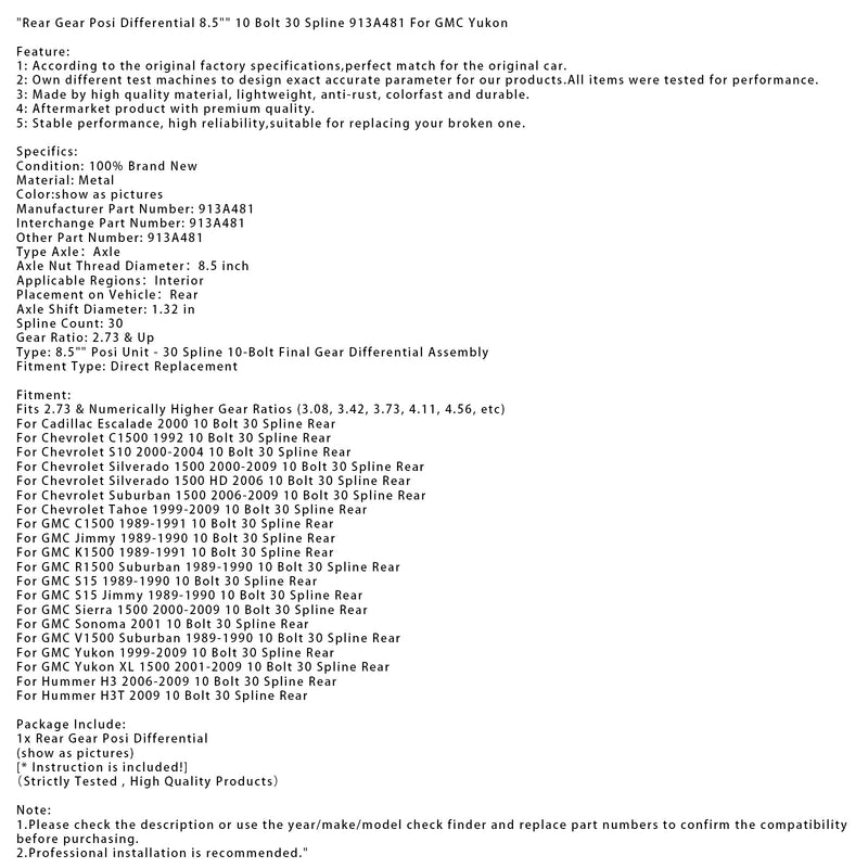 2006-2009 Hummer H3 10 Bolt 30 Spline Rear Posi Differential 8.5" 10 Bolt 30 Spline 913A481