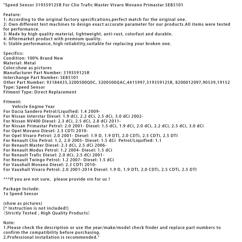 Geschwindigkeitssensor 319359125R Für Clio Trafic Master Vivaro Movano Primastar SEB5101