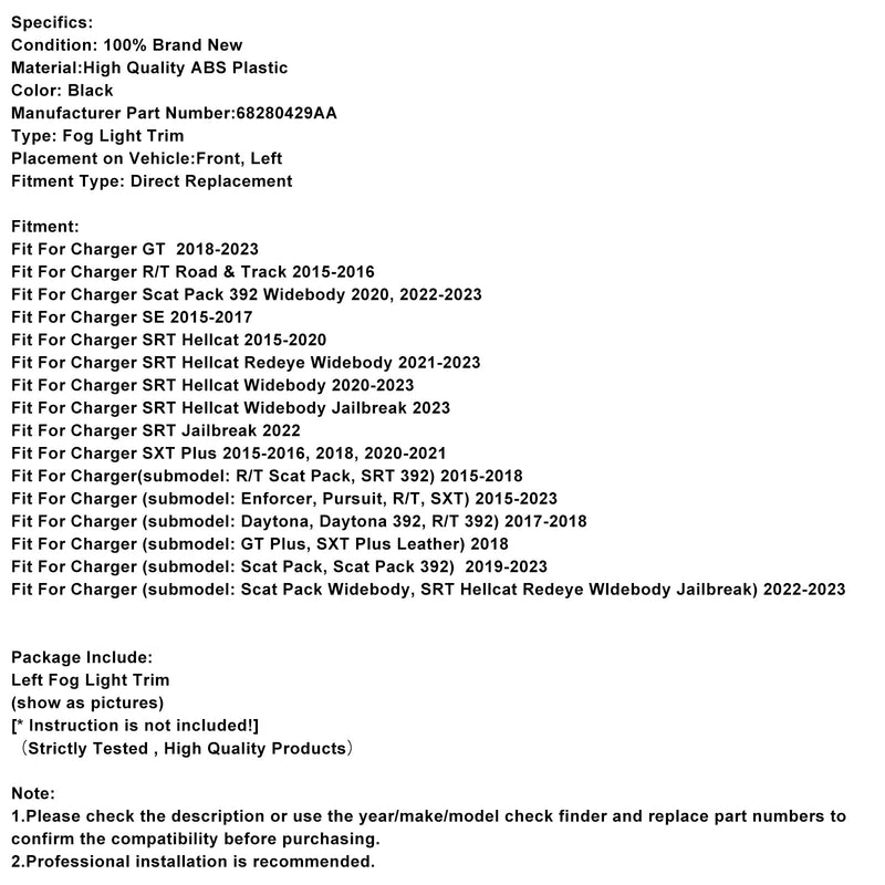 Linke Seite Nebel Licht Lünette Für Dodge Charger 2015-2022 68280429AA