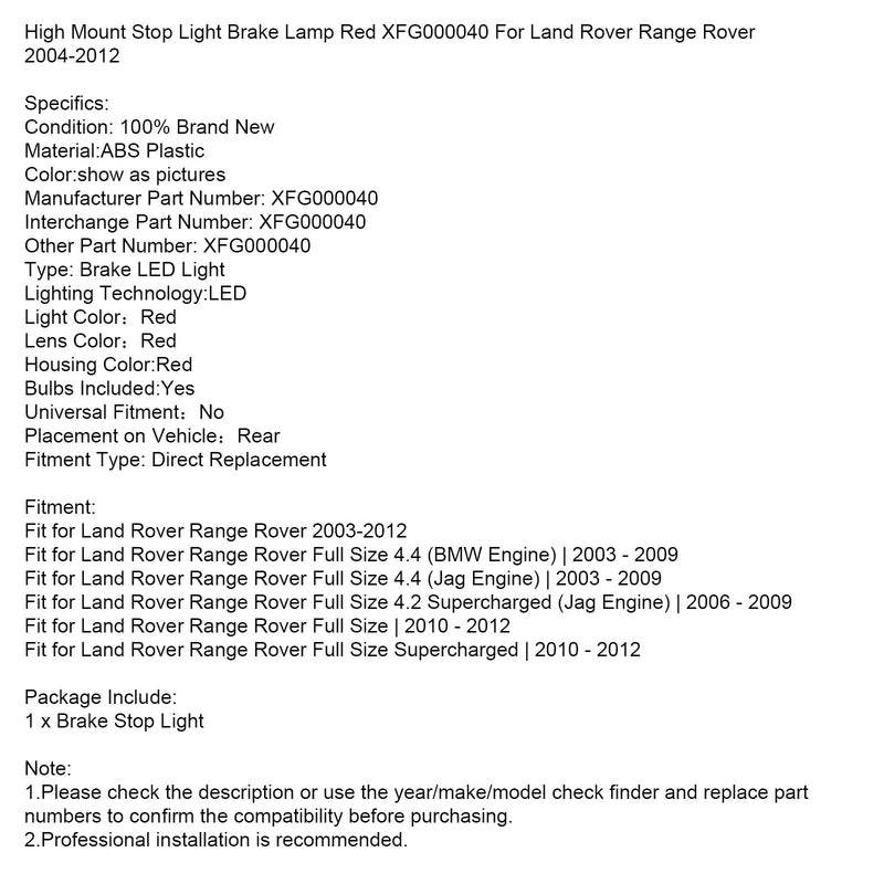 High Mount Stop Licht Bremse Lampe Rot XFG000040 Für Land Rover Range Rover