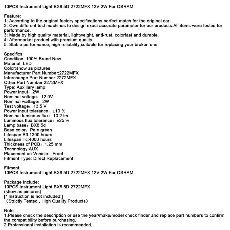 10 STÜCKE Instrumentenbeleuchtung BX8.5D 2722MFX 12 V 2 Watt Für OSRAM