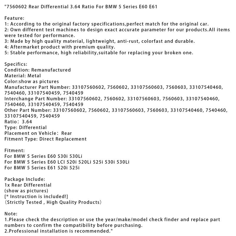 BMW 5 Series E60 LCI 520i 520Li 525i 530i 530Li Rear Differential 3.64 Ratio 7560602