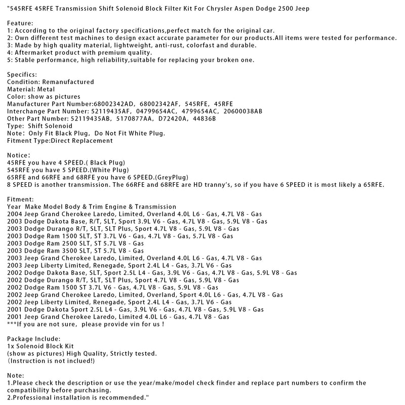 2002–2003 Dodge Durango R/T, SLT, SLT Plus, Sport 4,7 l V8 545RFE 45RFE Getriebeschaltmagnetblock-Filtersatz