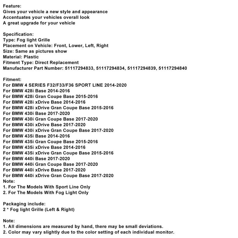 Nebelscheinwerfer Lichtabdeckung Einsatz Grill Grille 51117294831 Fit BMW F32 F33 F36 418D