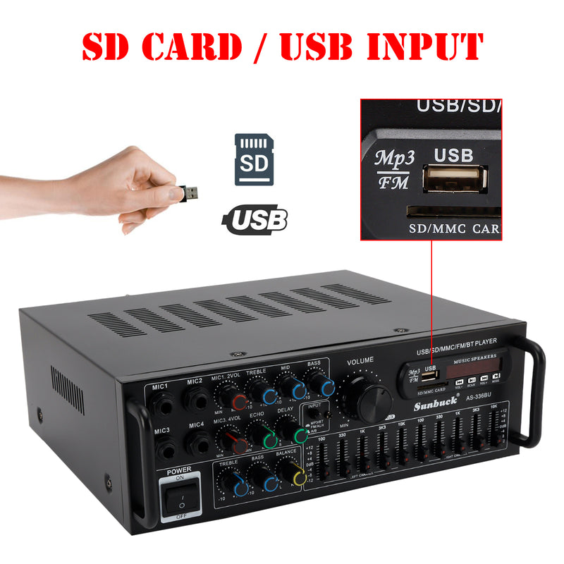 Bluetooth 5.0 HiFi Sunbuck 2000W Stereo Leistungsverstärker Karaoke FM USB SD AUX