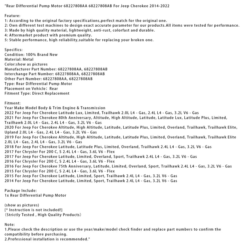 2016 Chrysler/200 CS 2.4L L4 Hinterachs-Differentialpumpenmotor 68227808AA 68227808AB
