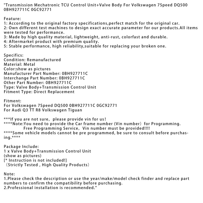 Audi Q3 TT R8 Volkswagen Tiguan Gear Mechatronics TCU Control Unit+Valve Body 0BH92771C DQ500