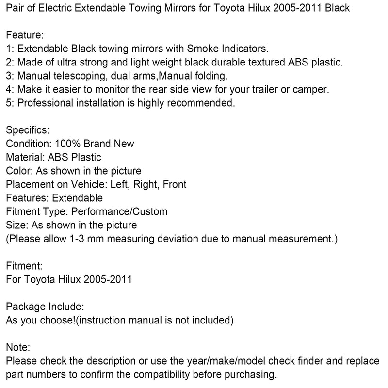 Ett par elektriska utdragbara dragspeglar för Toyota Hilux 2005-2011 Svart