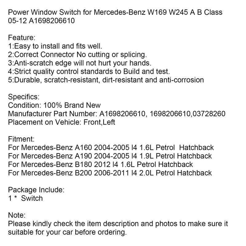 Hauptfensterheberschalter für Mercedes-Benz W169 W245 1698206610