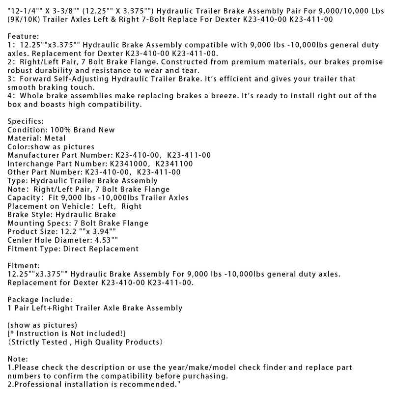 2 Stück 12-1/4"" x 3-3/8"" (12,25"" x 3,375"") Hydraulische Anhängerbremsbaugruppe