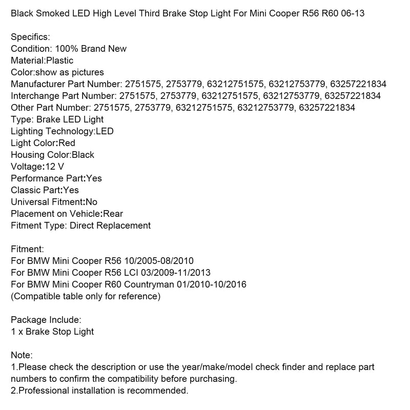 Schwarz geräuchert High Level Dritte Bremse Stop Licht für Mini Cooper R56 R60 06-13