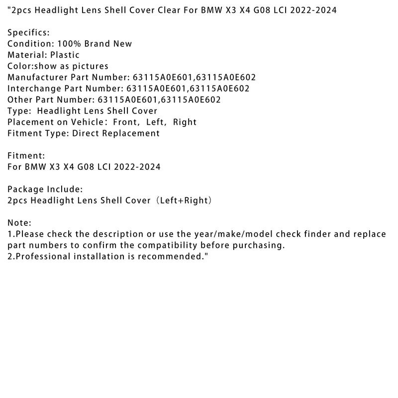 2022–2024 BMW X3 X4 G08 LCI 2 Stück Scheinwerfer-Objektiv-Abdeckung, klar