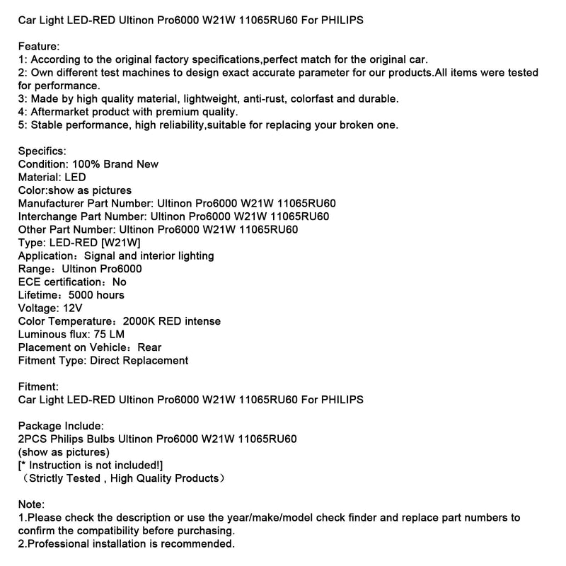 Auto Licht LED-ROT Ultinon Pro6000 W21W 11065RU60 Für PHILIPS