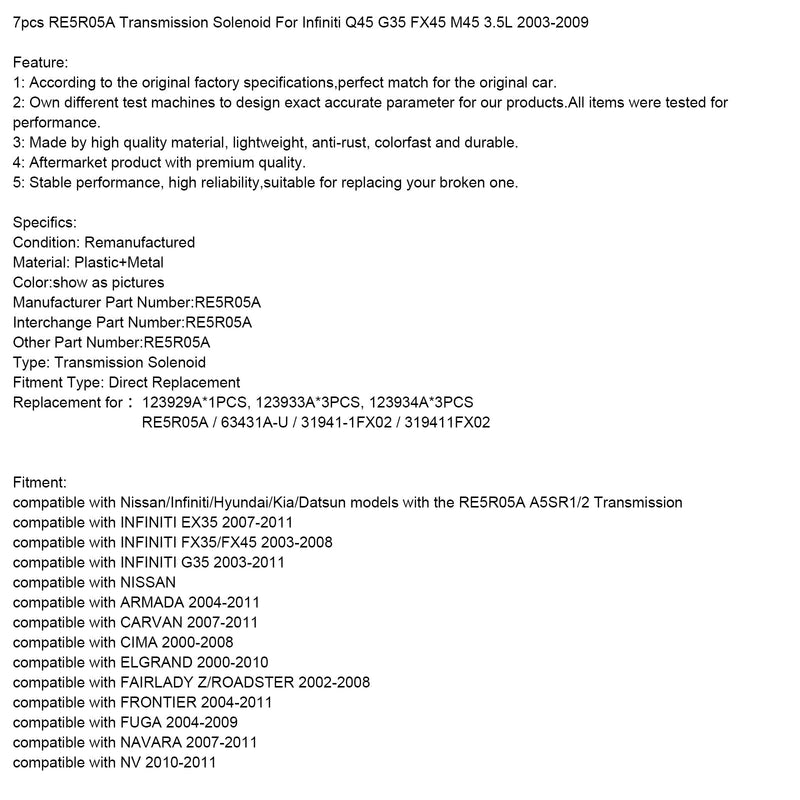 2004-2011 Nissan Armada, 7 kpl. RE5R05A Vaihteiston solenoidikytkin 63431A-U