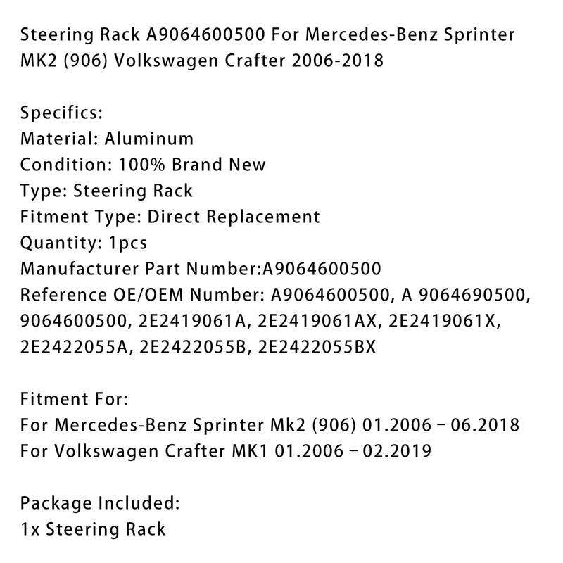 01.2006–02.2019 Volkswagen Crafter MK1 Steering Rack A9064600500 2E2422055A