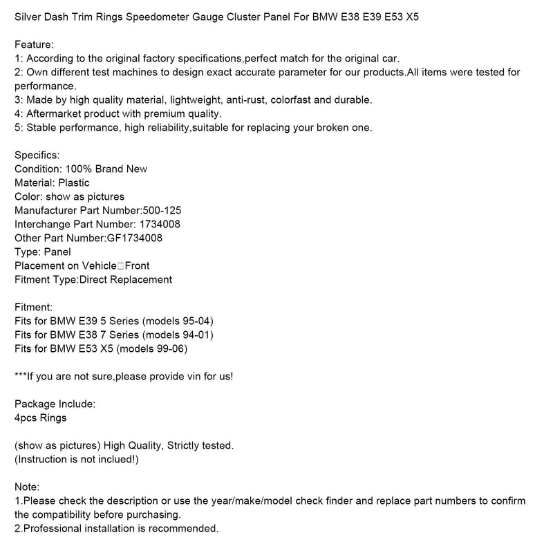 1994-2001 BMW E38 7-serie sølv Dashboard Trim ringer Speedometer Cluster 500-125