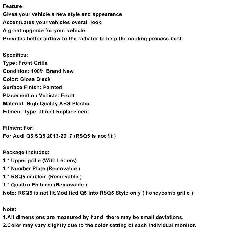 Schwarz glänzend Front Honeycomb Stoßstangengrill Grill Fit Audi Q5 2013-2017