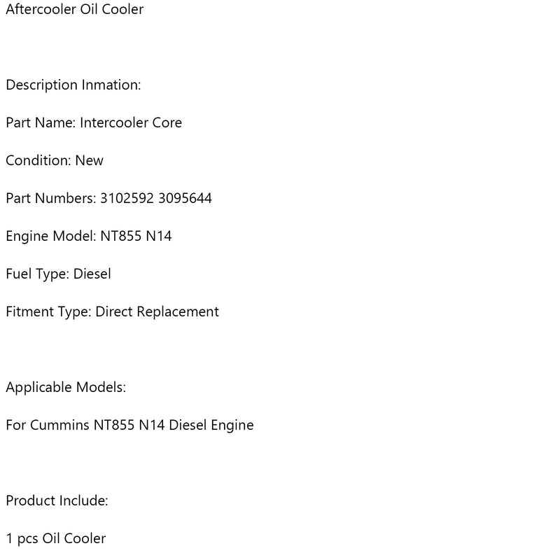Ladeluftkühler 3102592 3095644 für Cummins NT855 N14 Dieselmotor