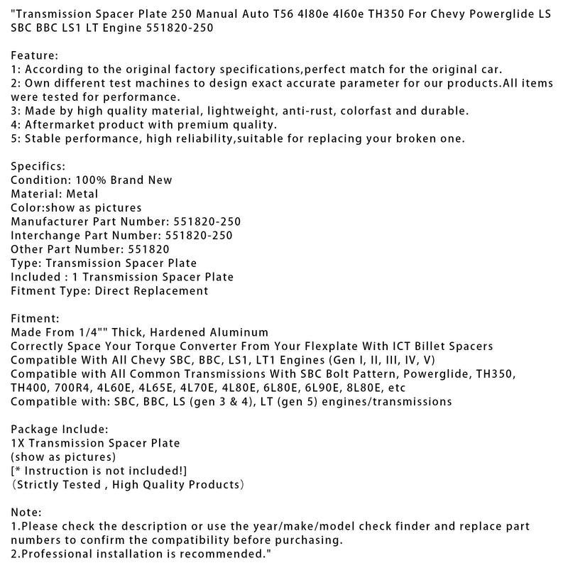 Getriebe-Distanzplatte 250 Manuell Auto Für Chevy Powerglide Motor