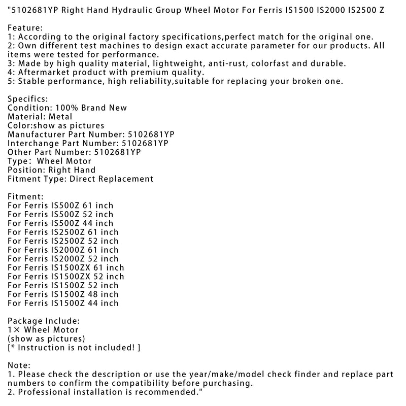 Ferris IS1500 IS200 Rechtsseitiger Hydraulikgruppen-Radmotor 5102681YP