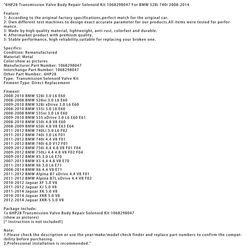 2009-2012 BMW X5 3.0 L6 E70 6HP28 Getriebeventilk?rper-Reparatur-Magnetventil-Kit 1068298047