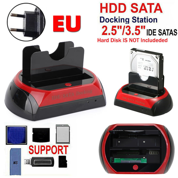 USB 2.0 till IDE/SATA extern hårddisk dockningsstation 2 fack 2,5" 3,5" HDD EU